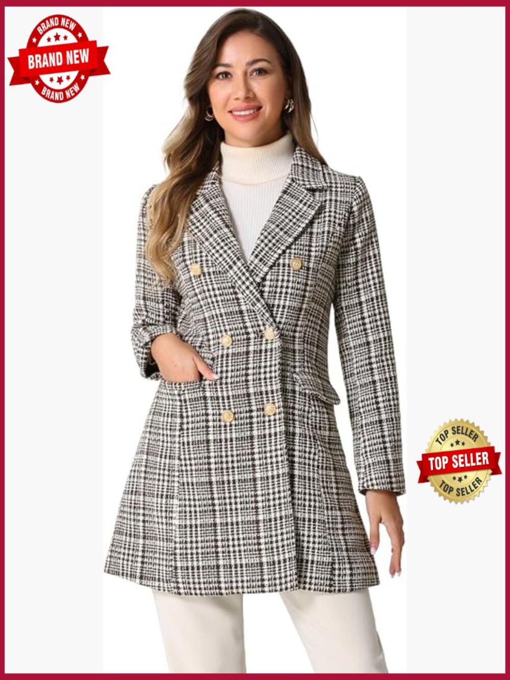 Elegant Double Breasted Tweed Blazer Long Jacket Plaid Coat